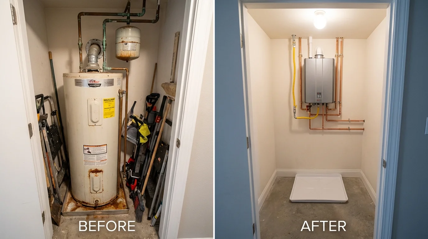 Tank water heater versus wall-mounted tankless unit comparison for Mount Pleasant, IA homeowners