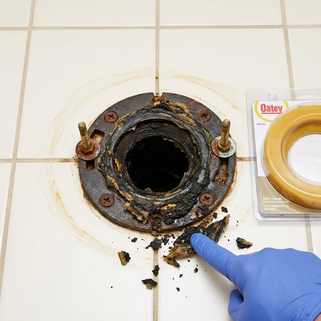 Failed wax ring showing water seepage at the base of a toilet in a Mount Pleasant, IA home