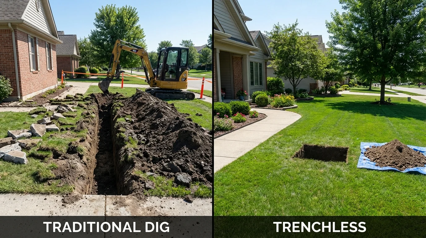 Trenchless sewer repair with minimal yard damage versus traditional excavation in Mount Pleasant, IA