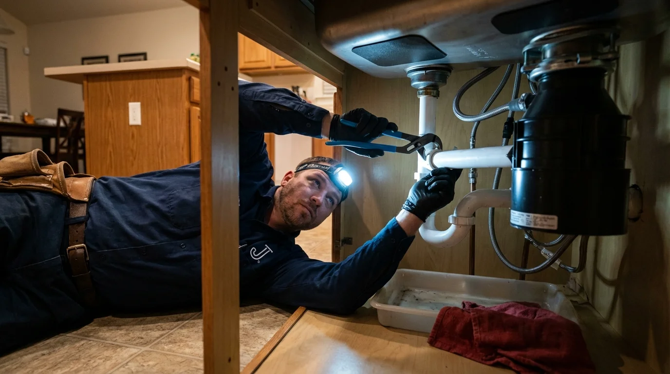 P-trap and supply line connections under a kitchen sink showing a common leak point in Mount Pleasant, IA